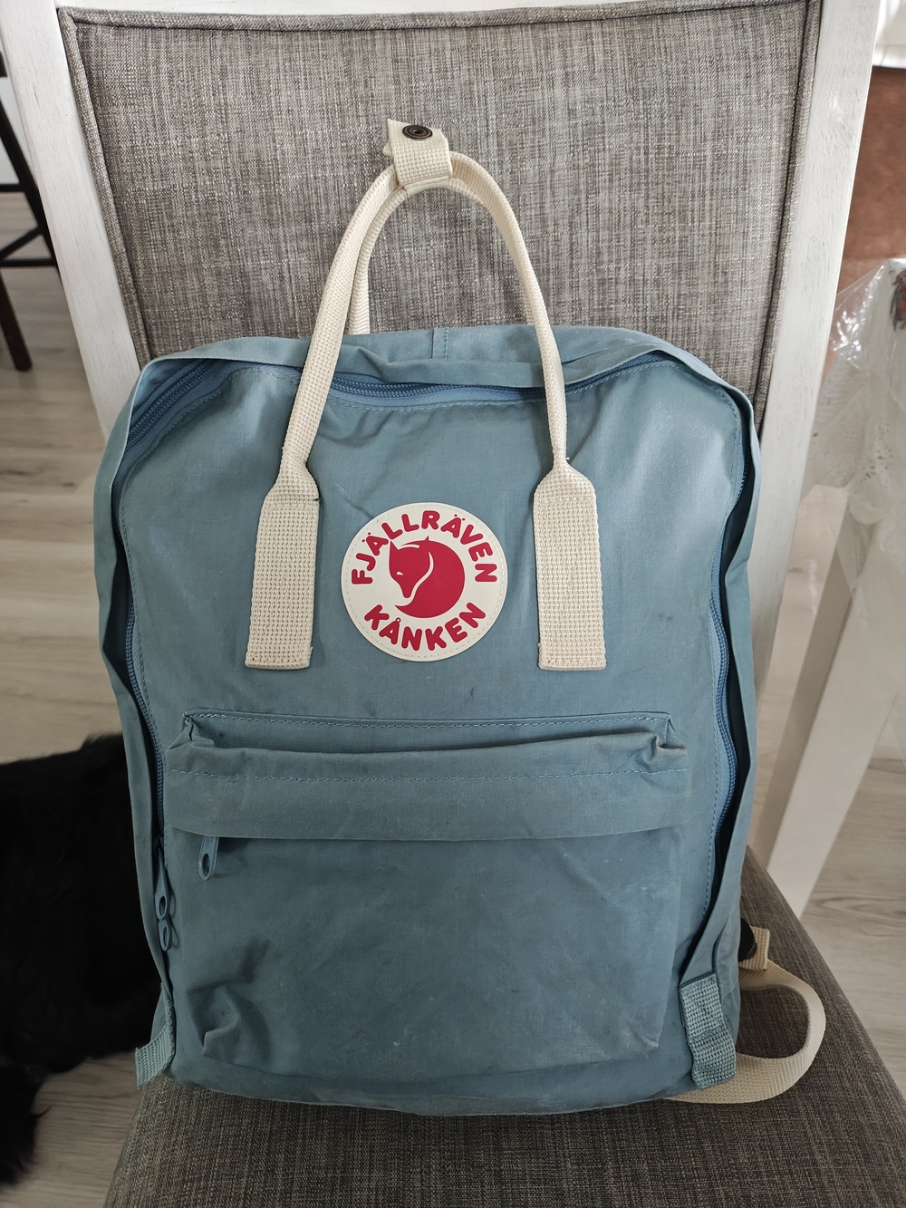 Fjällräven Kånken Backpack in Dusty Blue with Cream Handles & Gray Straps